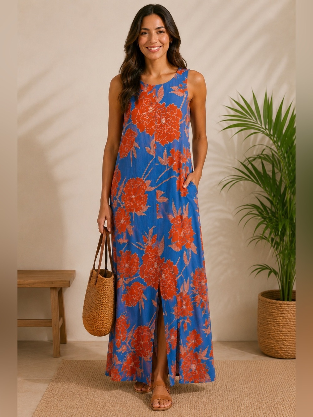 Mister Zimi Blue Maxi Dress with Orange Floral Print - US Size 6